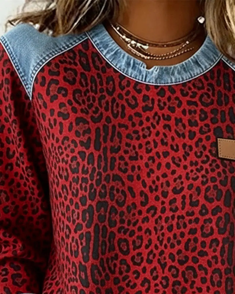 Leopard Print Patchwork Denim Jumper